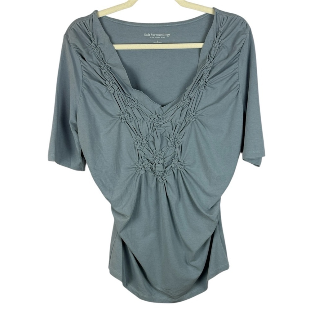 Soft Surroundings Cotton Blend Slate Blue Fitted V-neck Ruched Detail Med Top